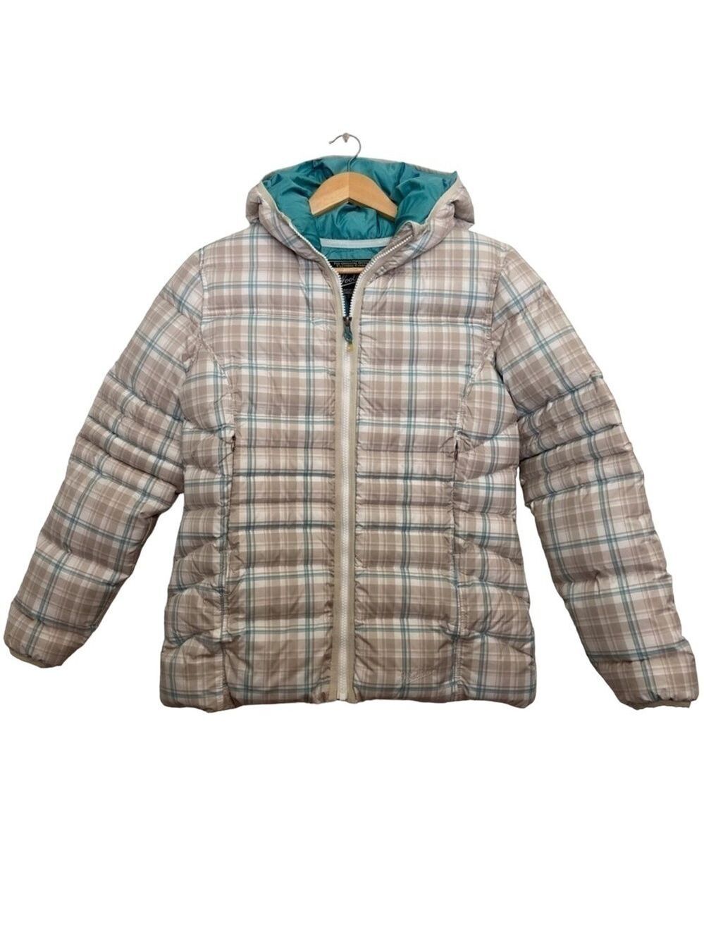 BEIGE ecru Woolrich down jacket puffer plaid ecru nude turquoise neutral